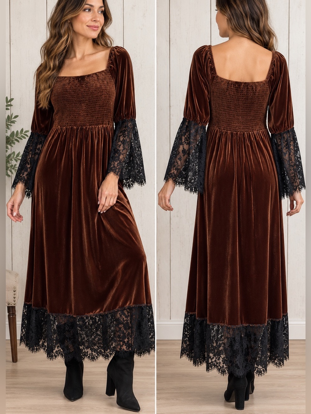 Brown Velvet Maxi Dress XL Black Lace Bell Sleeves Smocked Witchy Romantic Goth